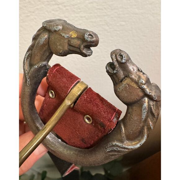 Vintage Double Horse Head Metal One Size Belt Buckle 3" / 33" long belt - Picture 3 of 11